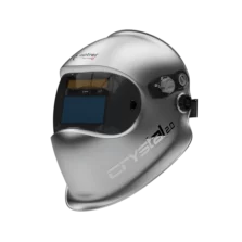 Vue de trois quarts du masque de soudage automatique Optrel Crystal 2.0 Silver avec Crystal Lens Technology 2.0, état clair 2.0 et ShadeTronic 4–12.