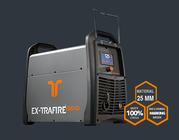 Thermacut EX-TRAFIRE 125HD – découpeur plasma 125 A Découpeur plasma Thermacut EX-TRAFIRE 125HD 125 A sur fond sombre