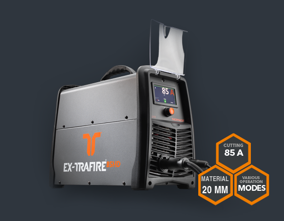 Thermacut EX-TRAFIRE 85HD – découpeur plasma 85 A Découpeur plasma Thermacut EX-TRAFIRE 85HD 85 A sur fond sombre