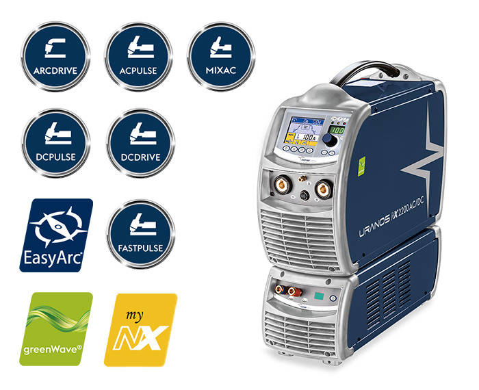 Poste TIG Böhler URANOS NX 2200 AC/DC avec groupe de refroidissement et pictogrammes des procédés